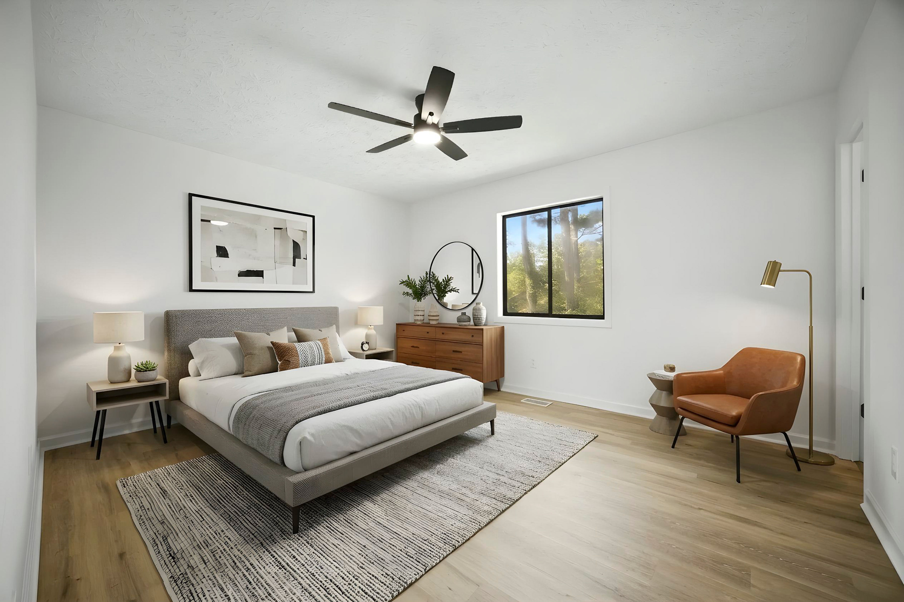 Bedroom with upholstered bed, wood dresser, and black-frame window